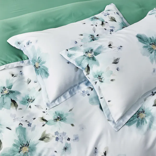 Verdant 5-pc Tencel Bedding Set (2 Sizes) - 5 - Watercolor floral pattern, soft green background, white and blue floral