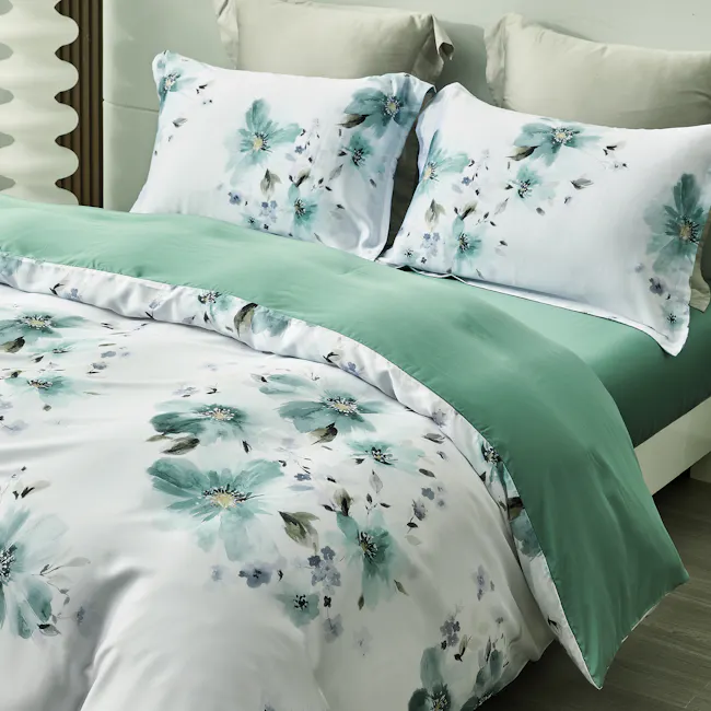 Verdant 5-pc Tencel Bedding Set (2 Sizes) - 2 - Floral-patterned bedding set, soft green and white color scheme, elegant