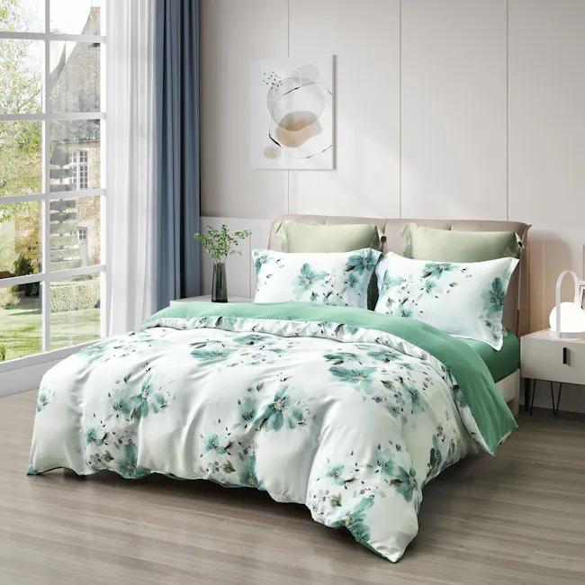 Verdant 5-pc Tencel Bedding Set (2 Sizes) - 3 - Floral-patterned bedding, light green pillows, white and teal floral design