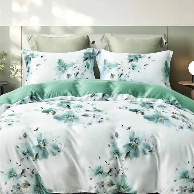 Verdant 5-pc Tencel Bedding Set (2 Sizes) - 1 - Floral bedding set, elegant floral design, soft green and white color
