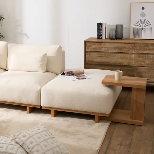 Miu Side Ottoman - 2 - Minimalist living room, modern furniture, beige sofa, wooden coffee table, abstract art, geometric