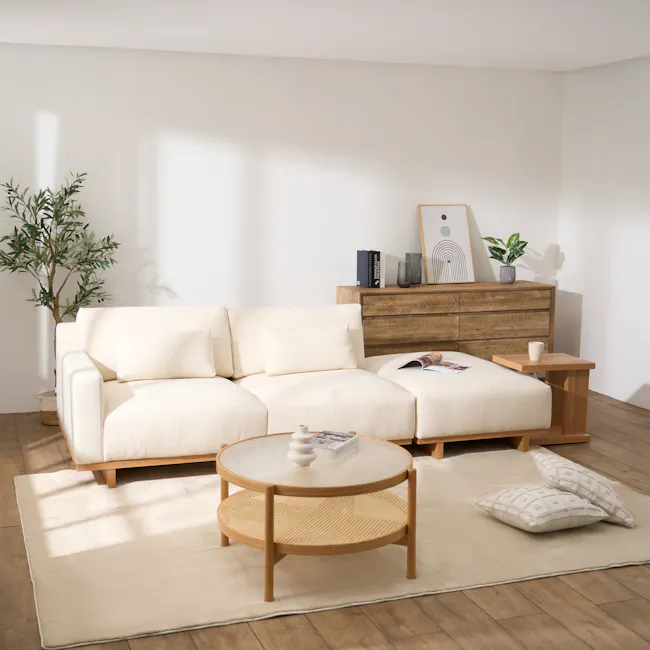 Miu Side Ottoman - 6 - Minimalist living room, modern furniture, cozy sofa, white cushions, wooden coffee table, natural