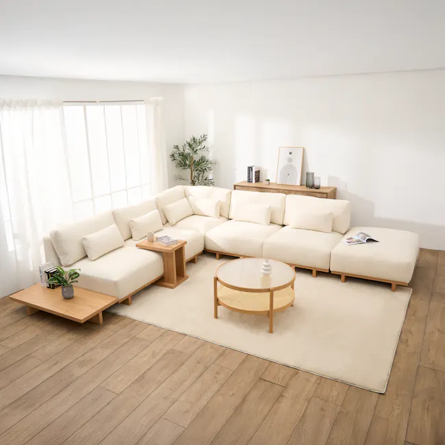 Miu Side Ottoman - 4 - Modern minimalist living room, cozy seating area, white and beige color scheme, large window with