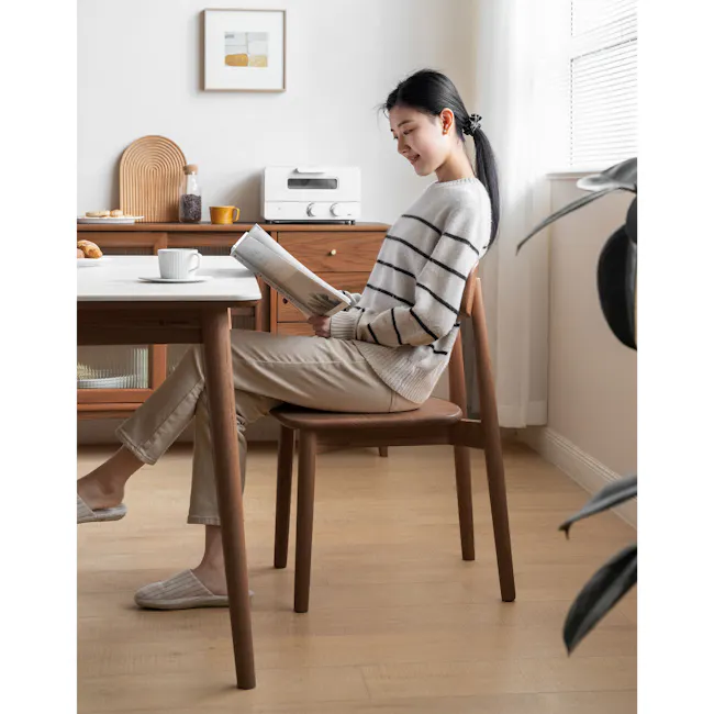 Adelyn Dining Table 1.2m (Sintered Stone) with 4 Solis Chairs in Walnut - 15 - Sitting, reading, magazine, indoors, cozy