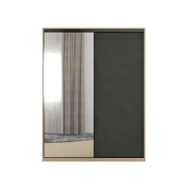 Lorren Sliding Door Wardrobe 1 with Mirror - Graphite Linen, Herringbone Oak - 0