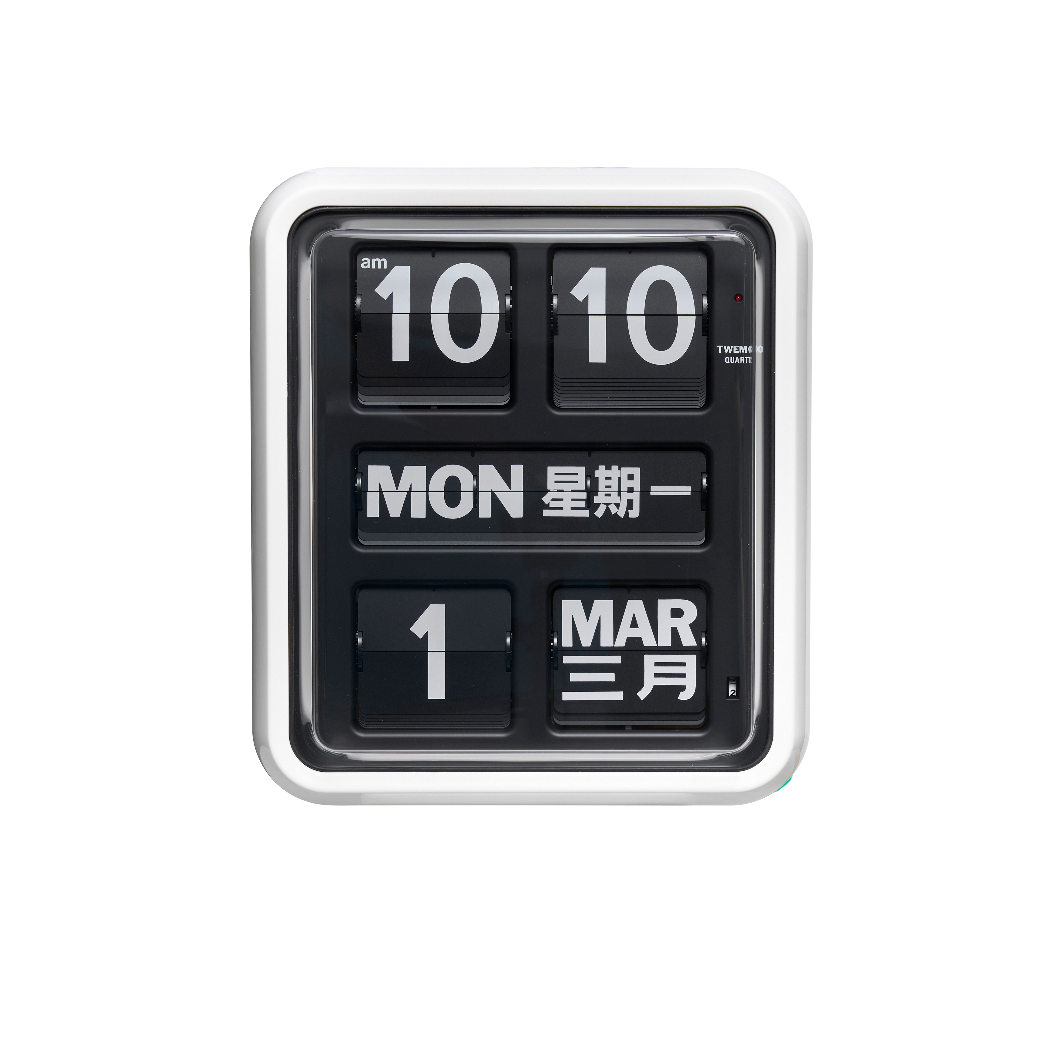 TWEMCO Big Calendar Flip Wall Clock with Chinese Text - White Case Black Dial