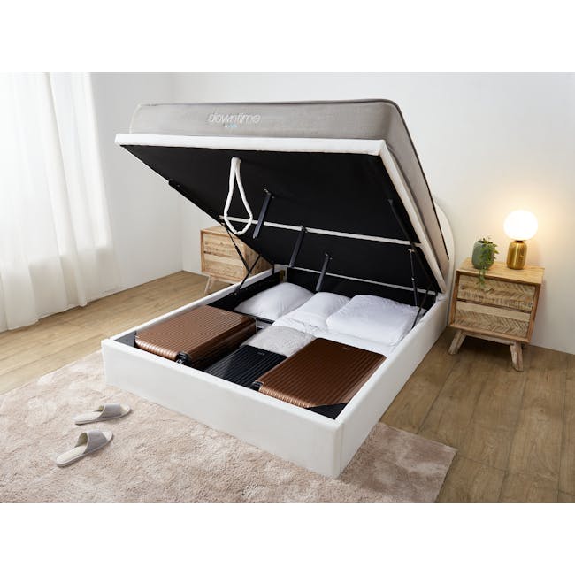 Aspen Queen Storage Bed - Cloud White - 2 - Modern bedroom with compact bed, white and brown bedding, wooden nightstands