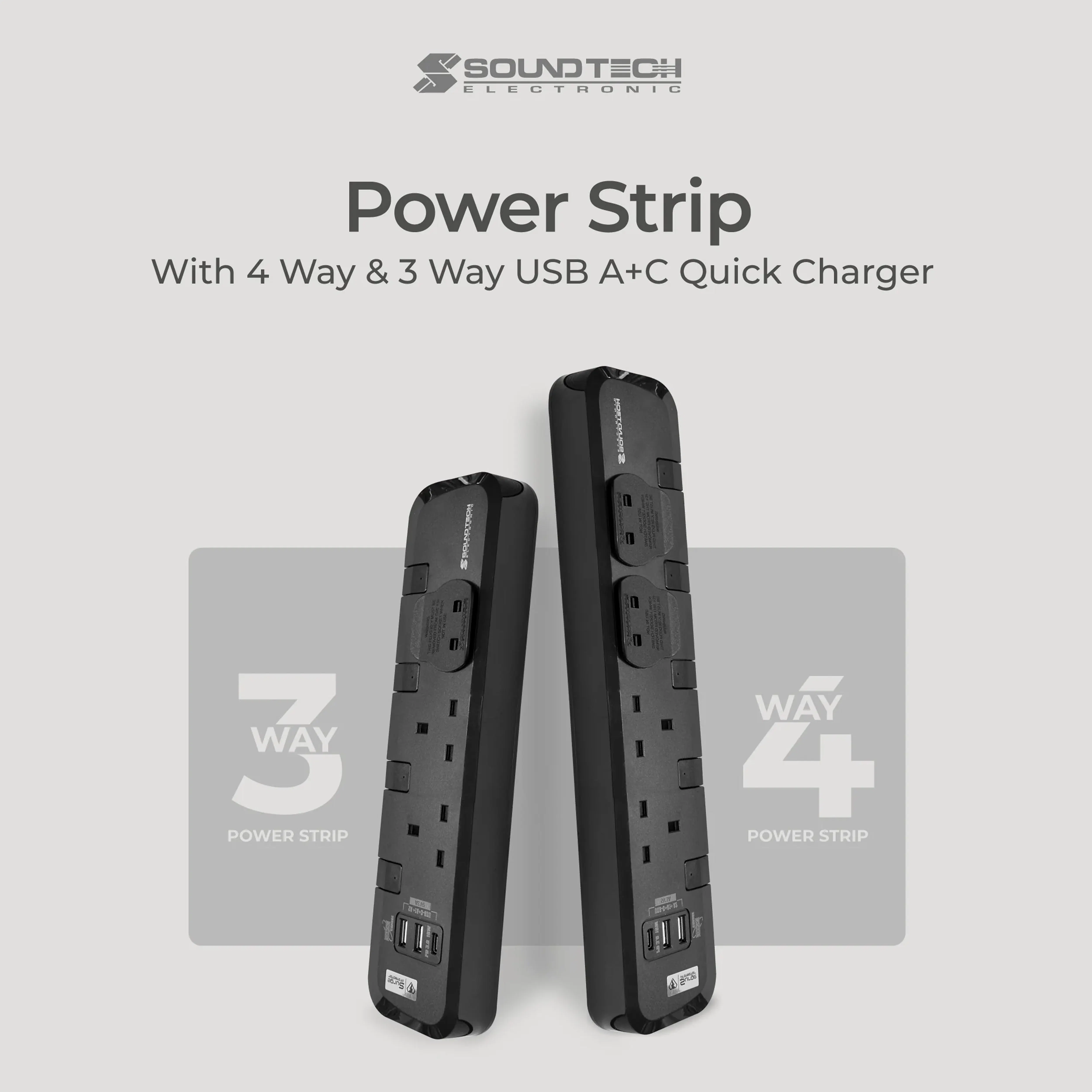 SOUNDTECH 4Way 3M USB A+C Quick Charger Power Strip With Surge Protection (PS-418C) - 7