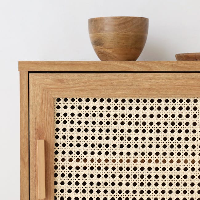 Belig Rattan TV Console 2m - Oak - 5 - Wooden cabinet with intricate lattice design, wooden bowl on top, wooden handle on