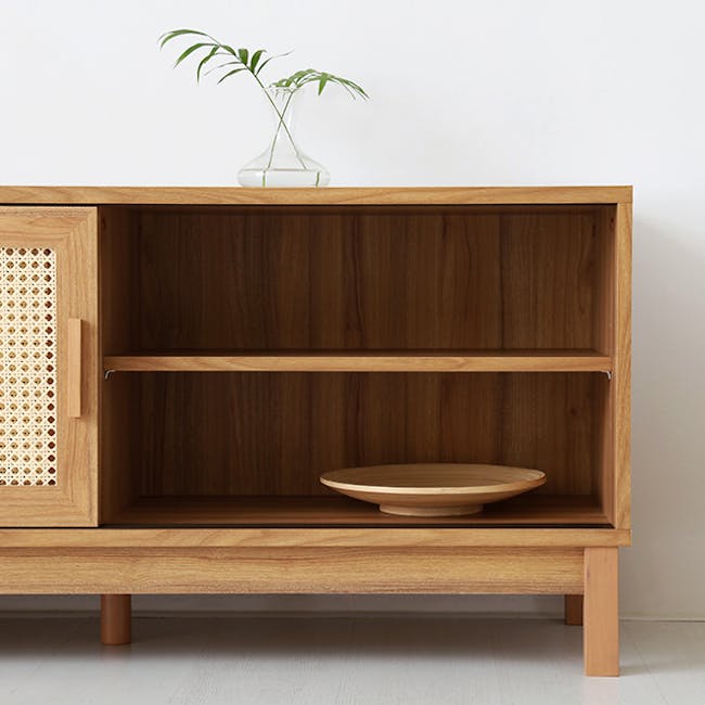 Belig Rattan TV Console 2m - Oak - 7 - Wooden shelf, minimalist design, open shelves, empty space, natural wood finish