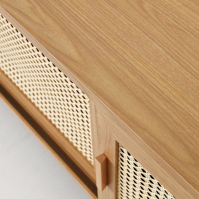 Belig Rattan TV Console 2m - Oak - 6 - Wooden surface, woven texture, natural wood grain, light brown color, smooth finish