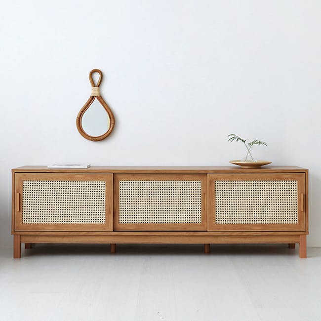 Belig Rattan TV Console 2m - Oak - 3 - Wooden sideboard, woven design, bamboo accents, minimalist decor, modern aesthetic