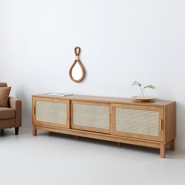 Belig Rattan TV Console 2m - Oak - 4 - Wooden sideboard, minimalist design, light wood finish, woven pattern, sideboard