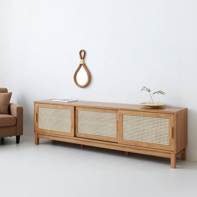 Belig Rattan TV Console 2m - Oak - 2 - Modern minimalist living room, contemporary furniture design, wooden console table