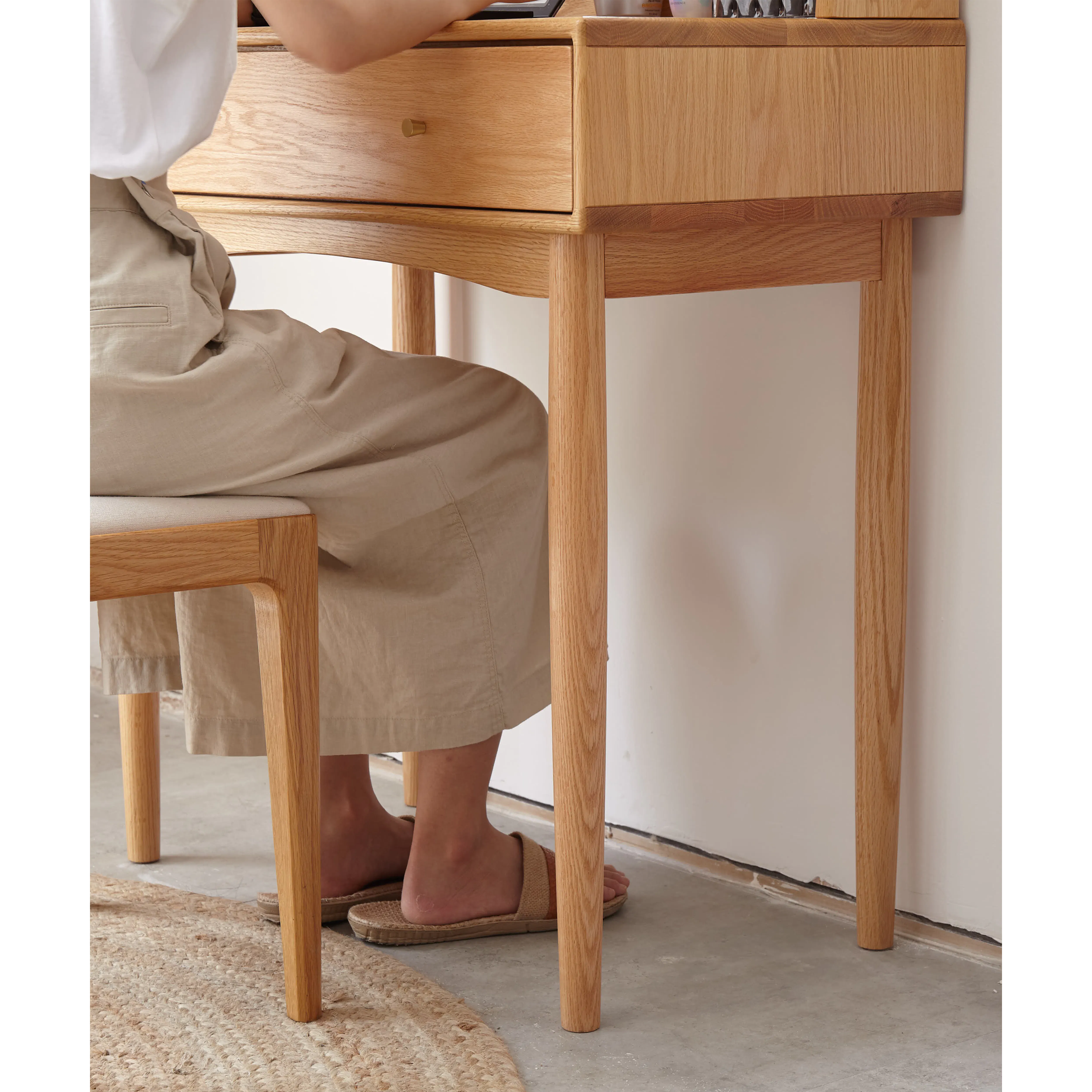 Zoie Dressing Table 0.55m - 14 - Wooden desk, beige pants, wooden chair, wooden floor, wooden legs, wooden stool, wooden