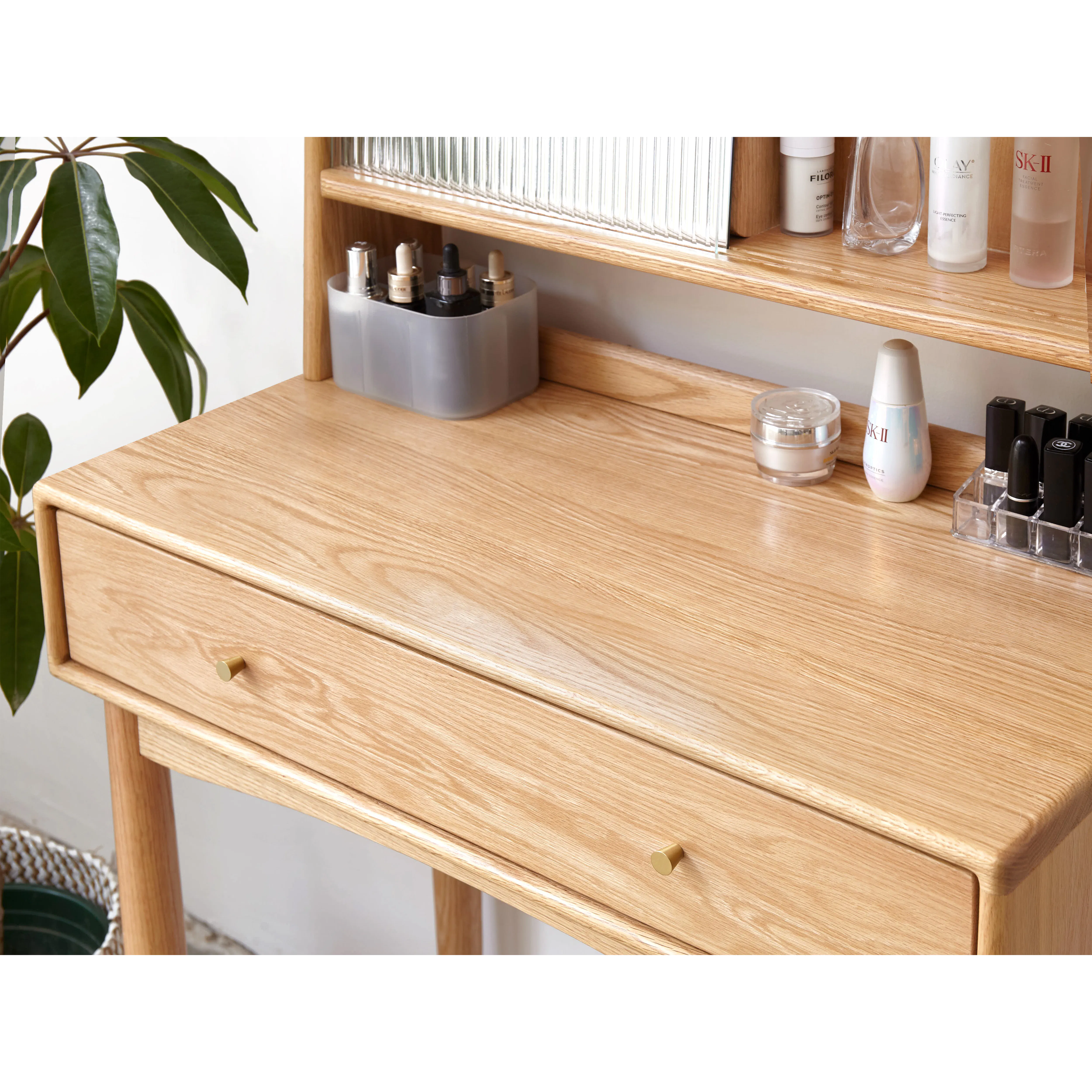 Zoie Dressing Table 0.55m - 19 - Wooden desk, minimalist design, natural wood finish, two drawers, gold knobs, wooden legs