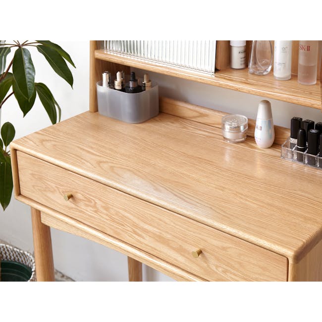 Zoie Dressing Table 0.55m - 19 - Wooden desk, minimalist design, natural wood finish, two drawers, gold knobs, wooden legs