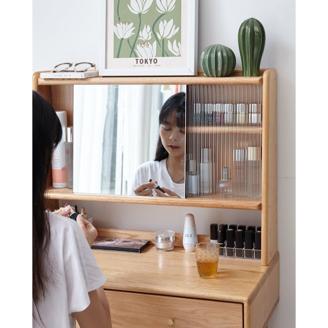 Zoie Dressing Table 0.55m - 20 - Wooden shelf, glasses, white flowers, TOKYO print, print collection, illustration, green
