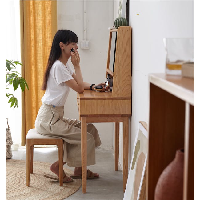 Zoie Dressing Table 0.55m - 4 - White room, woman, makeup, sitting, desk, wooden furniture, beige rug, plant, yellow