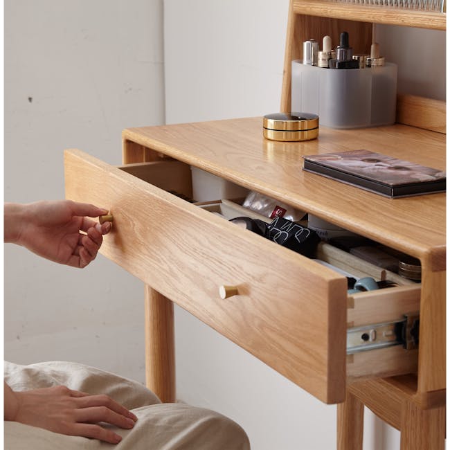 Zoie Dressing Table 0.55m - 18 - Wooden drawer, beige fabric, person's hand, open drawer, wooden shelf, minimalist design