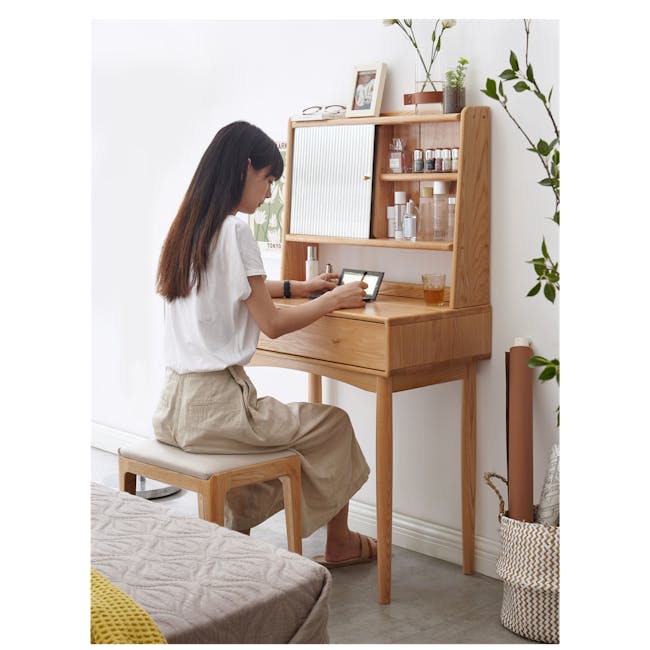 Zoie Dressing Table 0.55m - 3 - Wooden desk, woman sitting, tablet, glasses, plants, natural light, minimalist decor, white
