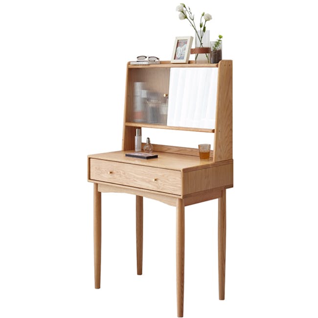 Zoie Dressing Table 0.55m - 16 - Wooden desk, minimalist design, natural wood finish, tall legs, open shelving, decorative