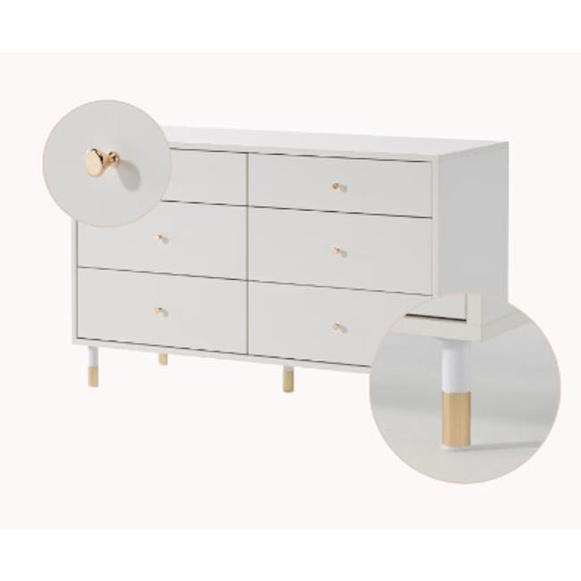 Lizzy 3 Drawer Chest 0.8m - White, Brass - 4 - White modern dresser with gold handles, minimalist design, three drawers