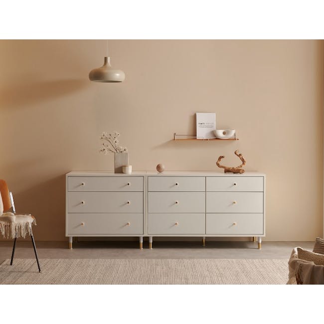 Lizzy 3 Drawer Chest 0.8m - White, Brass - 2 - White minimalist dresser, beige wall, modern decor, soft lighting, floating