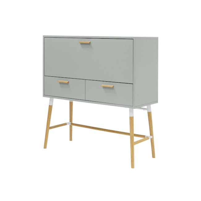 Arod Study Table 1m - White Grey - 1 - Light gray cabinet with wooden handles, light wooden legs, minimalist design, modern