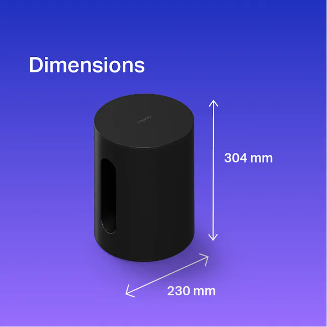 Sonos Sub Mini - Black - 8 - 304 mm, 230 mm, cylindrical, black, modern, sleek, ergonomic, user-friendly, compact, durable