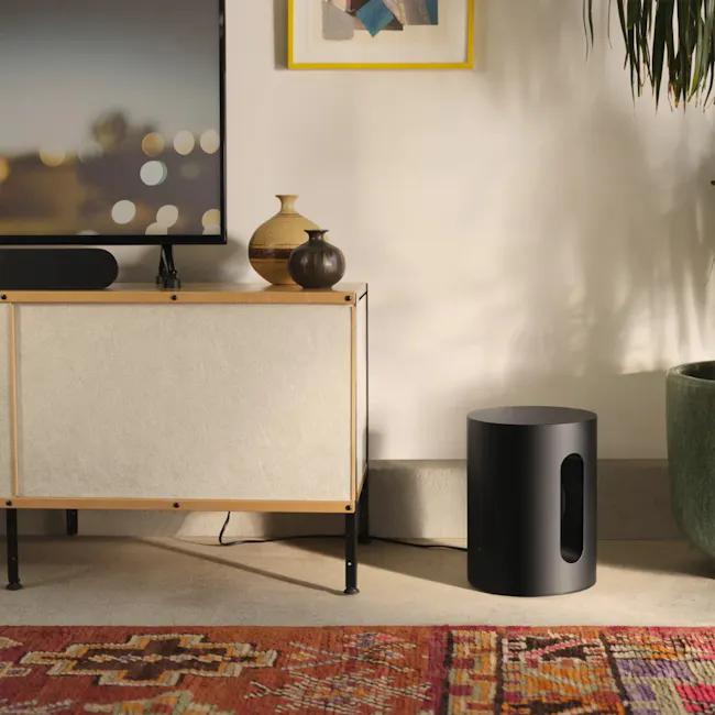 Sonos Sub Mini - Black - 9 - Modern living room, minimalist decor, contemporary furniture, soft lighting, neutral color