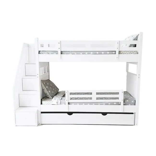 Matt Super Single Bunk Bed with Staircase - 1 - Step-by-step design, modern aesthetic, white color, bunk bed, two-level
