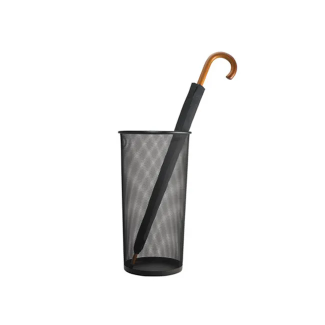 Serene Umbrella Stand - 1 - Umbrella with black handle and brown handle, black cylindrical container, transparent mesh