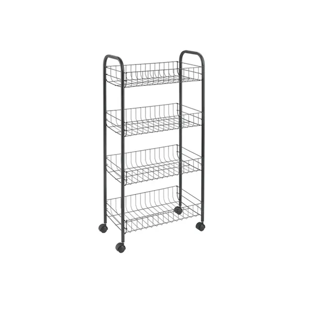 Metaltex Ascona 4 Tier Rolling Cart - Black - 1 - - Black metal wire shelving unit with three levels, - Three-tiered wire