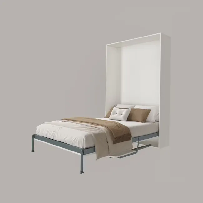 Llyod Single Vertical Wall Bed with Desk - White - 3 - Modern minimalist bed with clean lines, white and beige bedding
