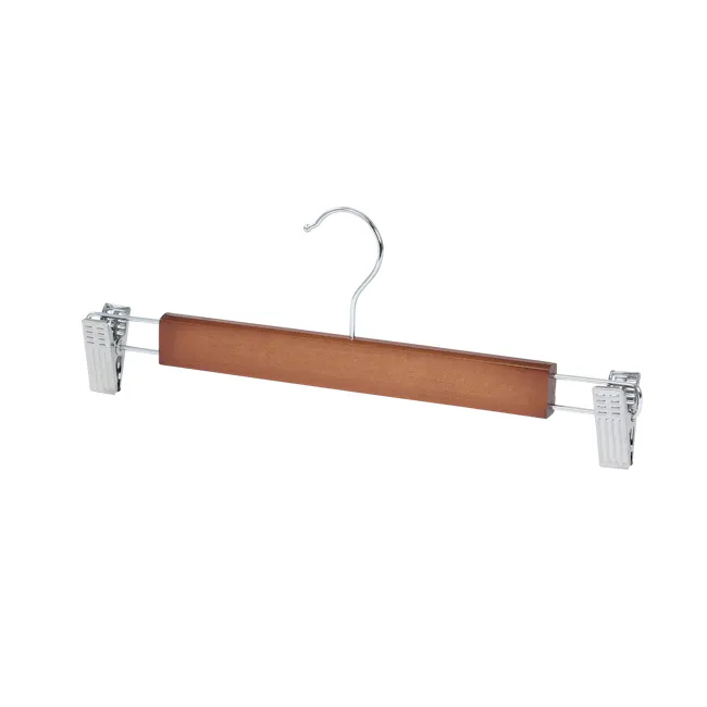 Wooden Clip Hanger - Walnut - 1 - Brown leather hanger, metal hook, white clothespins, vertical orientation, sleek design