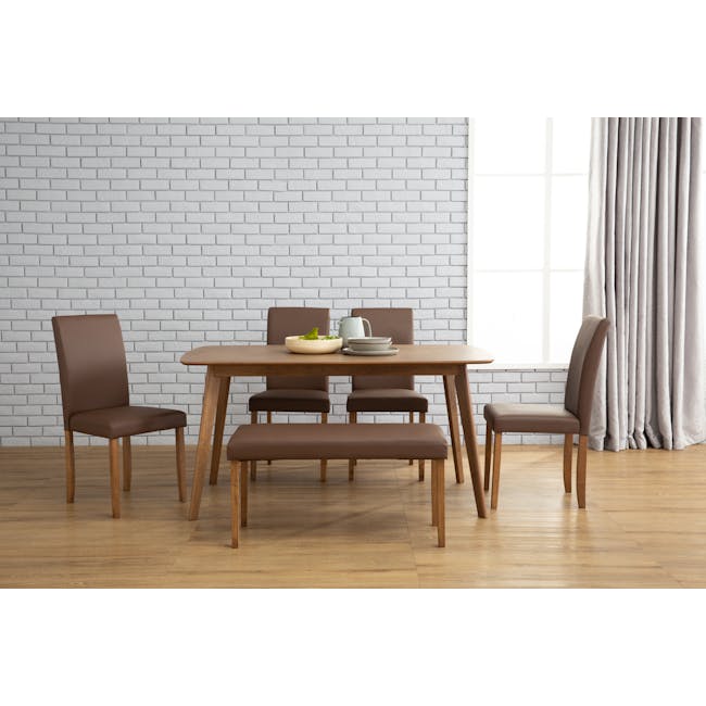 Harold Dining Table 1.5m in Cocoa with Harold Bench 1m with 2 Harold Dining Chairs in Seal - 5 - Brown upholstered dining