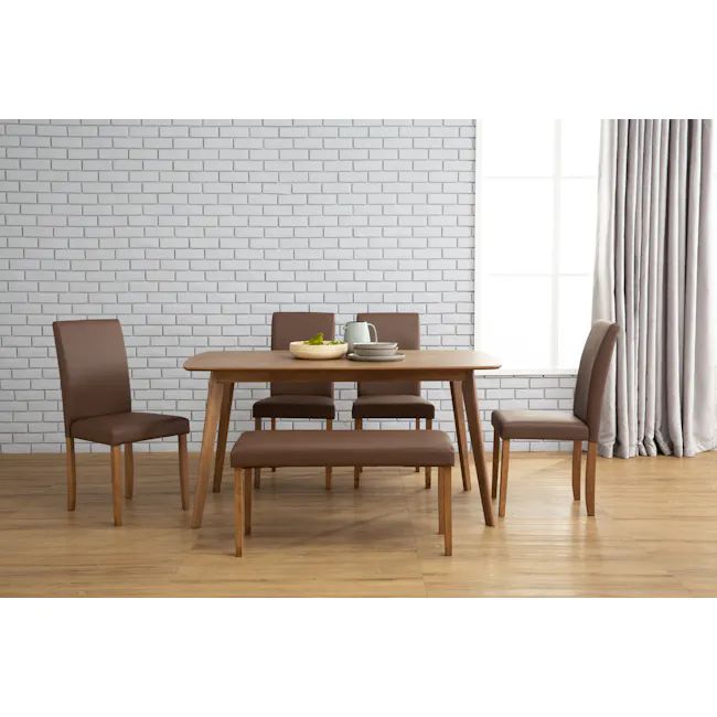 Harold Dining Table 1.5m - Cocoa - 4 - Brown upholstered dining chairs, wooden table, white brick wall, wooden floor, light