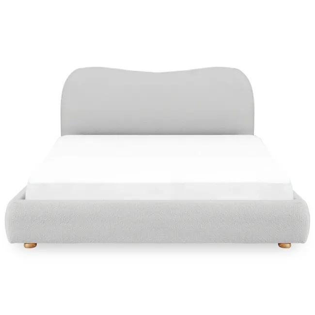 Arianna King Bed in Grey Boucle with 2 Ethan Bedside Table in Oak - 3 - White upholstered bed with soft, plush headboard and