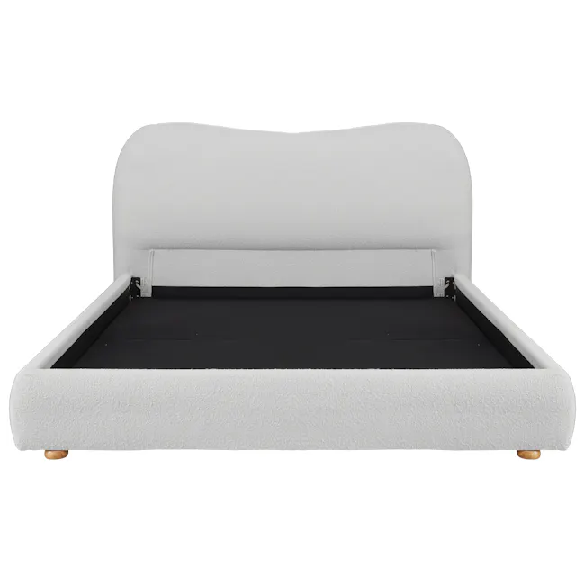 Arianna King Bed in Grey Boucle with 2 Ethan Bedside Table in Oak - 4 - White upholstered bed frame, black mattress