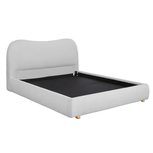 Arianna King Bed in Grey Boucle with 2 Ethan Bedside Table in Oak - 5 - White upholstered bed frame, black mattress, modern