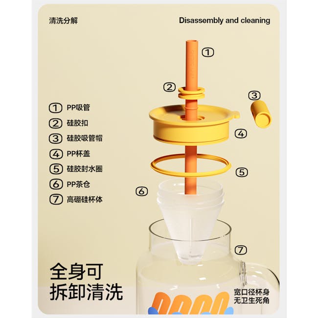 CHAKOLAB Tea Separator Jar Cup 1150ml - Pink Cover with Green Straw - 6 - Disassembly and cleaning process, Cleaning and