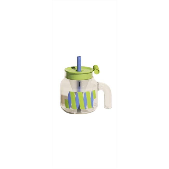 CHAKOLAB Tea Separator Jar Cup 1150ml - Pink Cover with Green Straw - 3 - Clear glass pitcher, green lid, blue straw
