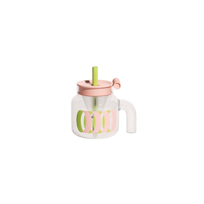 CHAKOLAB Tea Separator Jar Cup 1150ml - Pink Cover with Green Straw - 1 - Clear glass pitcher, pink lid, green straw