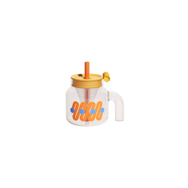 CHAKOLAB Tea Separator Jar Cup 1150ml - Pink Cover with Green Straw - 2 - Clear glass pitcher, orange and blue accents