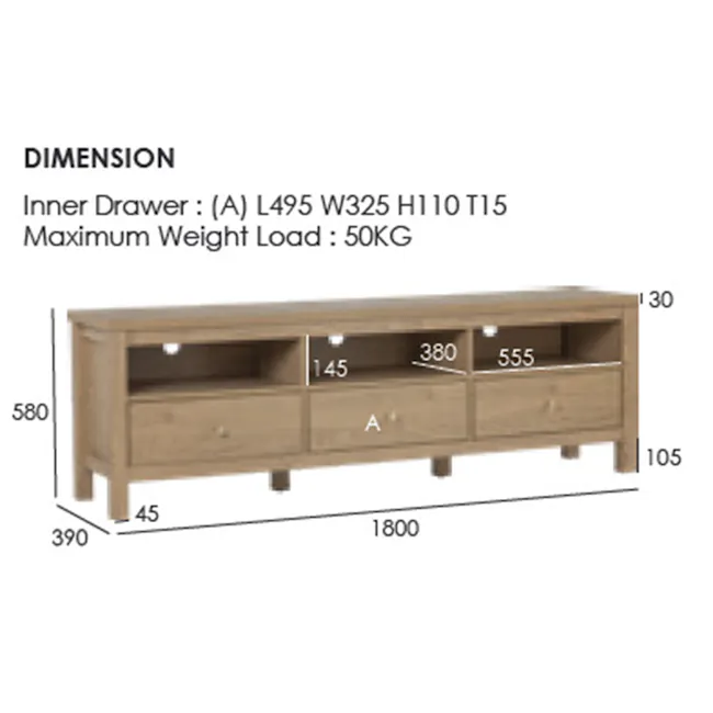 Rhodes TV Console 1.8m - 12 - L-shaped wooden TV stand, 300mm height, 1800mm width, 450mm depth, 580mm height, 145mm width