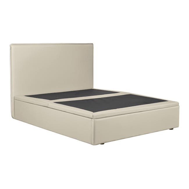 Arthur Single Storage Bed - Ivory (Faux Leather) - 3 - Beige upholstered bed with black mattress, minimalist design, modern