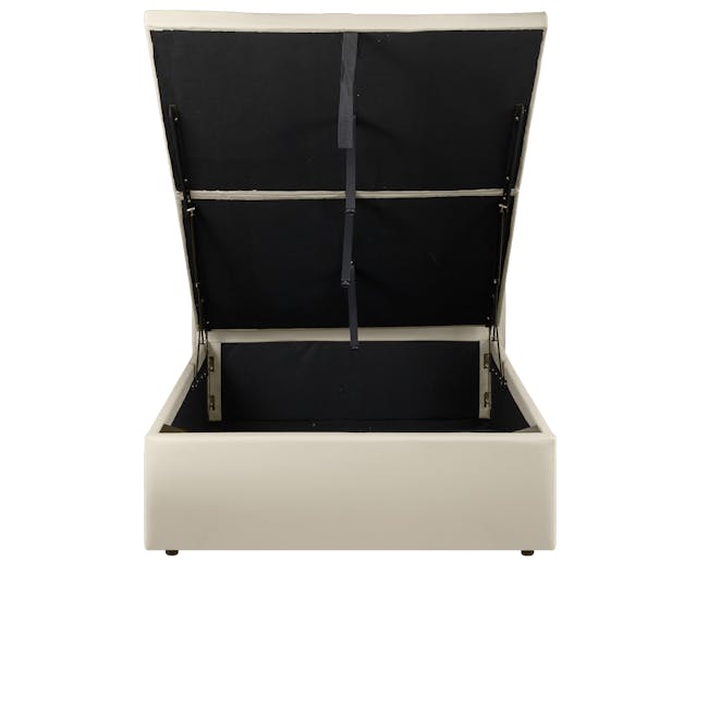 Arthur Single Storage Bed - Ivory (Faux Leather) - 6 - Black storage case, open, beige interior, black straps, white frame