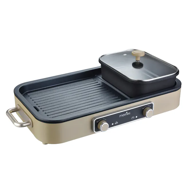 MORRIES 2 in 1 Steamboat and Non-Stick BBQ Grill Cooker - 2 - Electric griddle with black and beige finish, stainless steel