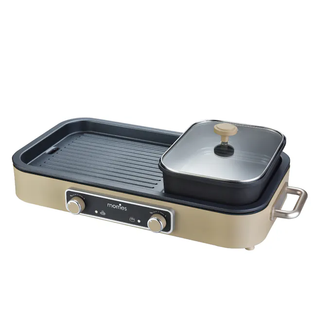 MORRIES 2 in 1 Steamboat and Non-Stick BBQ Grill Cooker - 1 - Grill with sleek design, stainless steel top, black grates